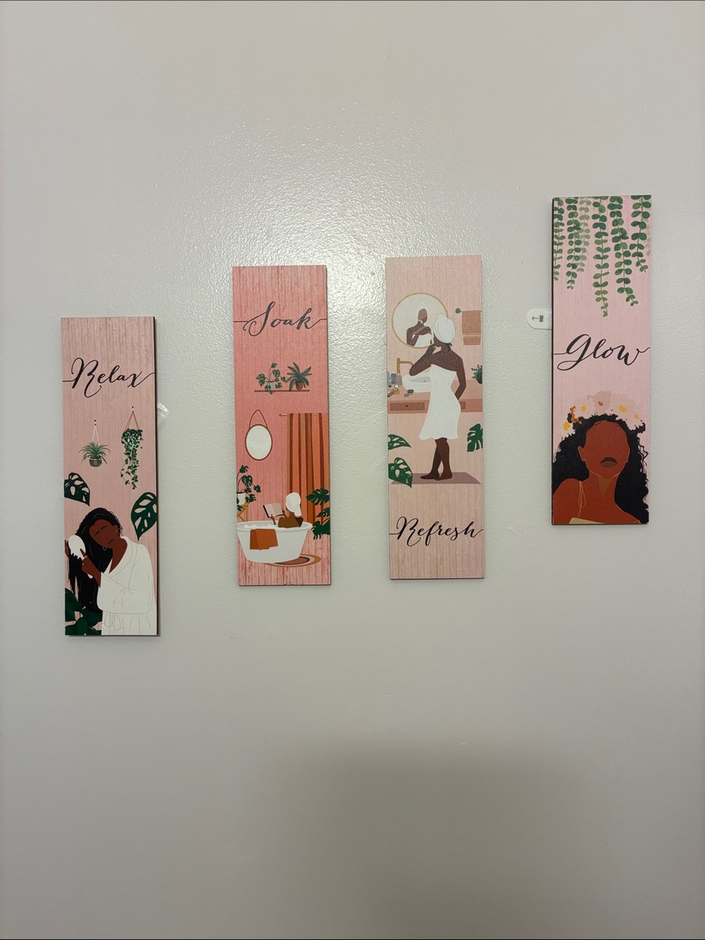 Spa-Inspired Pink Botanical Wall Art Set - Relax, Soak, Refresh, Glow